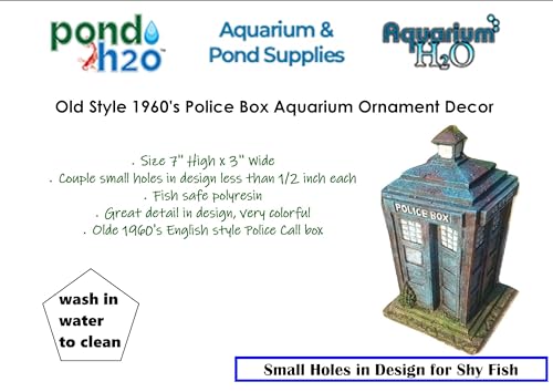 Old Style 1960's Police Box Aquarium Ornament Decor, Fish Safe Polyresin, 7 Inches Tall | Aquarium Fish Tank Tardis Fish Hideout House Resin Ornament, Blue Decoration