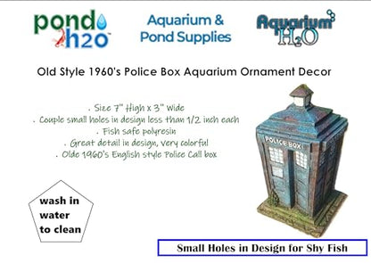 Old Style 1960's Police Box Aquarium Ornament Decor, Fish Safe Polyresin, 7 Inches Tall | Aquarium Fish Tank Tardis Fish Hideout House Resin Ornament, Blue Decoration