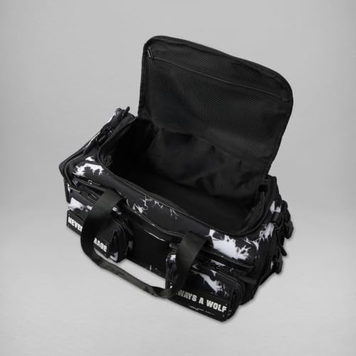 WOLFpak 30L Perfect Duffle Bag - Sports Tactical Gym Bag (Black Lightning) | 180° Full Opening, Hard Shell Base, Shoe Compartment, Dual Cup Holders, Trolley Sleeve, YKK® Zippers - color: Black Lightning