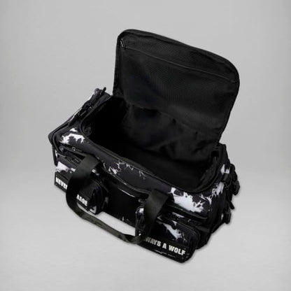 WOLFpak 30L Perfect Duffle Bag - Sports Tactical Gym Bag (Black Lightning) | 180° Full Opening, Hard Shell Base, Shoe Compartment, Dual Cup Holders, Trolley Sleeve, YKK® Zippers - color: Black Lightning