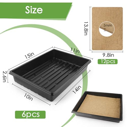 Microgreens Growing Trays Kit – 6 Pack Micro Green Grow Trays with 12 Hemp Fiber Grow Mats, 15 x 11 x 2.5 Inch Seed Starter Trays for Growing Microgreens, Indoor Gardening - size: 15in-6P with 12 Mats