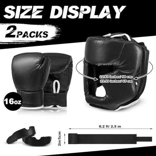 Kanayu 14 Pcs Boxing Gloves and Headgear Set for Beginners Youth 16 Ounce Boxing Gloves Headgear Helmet Hand Wraps Mouth Guards Equipment for Beginners Training Equipment Gifts - color: Black