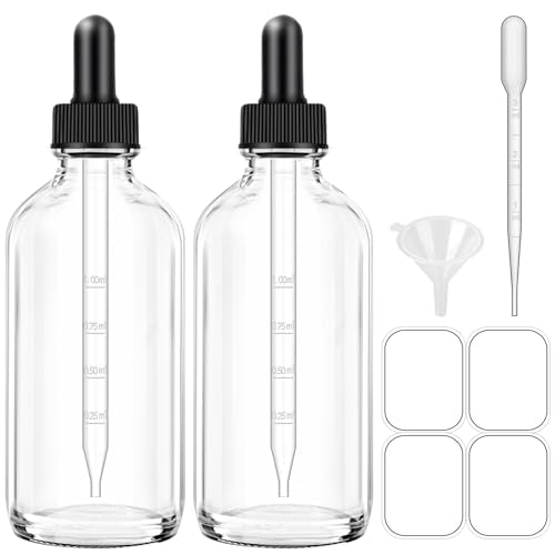 Dropper Bottles 4oz, 2 Pack Clear Tinctures Bottle with Dropper for Essential Oils with Funnel, Labels & Pipette, Glass Dropper Bottles for Aromatherapy(Unbreakable Plastic Eye Dropper) - color: Clear