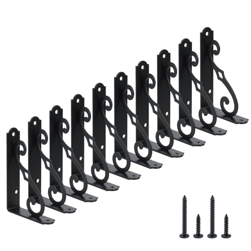 HOME MASTER HARDWARE 5" Decorative Shelf Brackets 10-Pack, Black L-Shaped Floating Shelves for Small Plants/Photo, Corner Mount Support with Screws