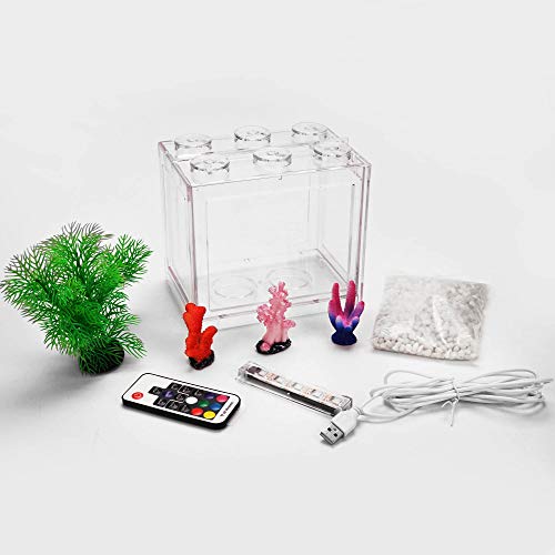 Small Betta Fish Tank, Aquarium Tank Kit with LED Lighting, 0.6 Gallon Stackable Fighting Fish Tank Set, Fish Bowl Accessories for Turtle Reptile Shrimp Crab Insects as Decoration