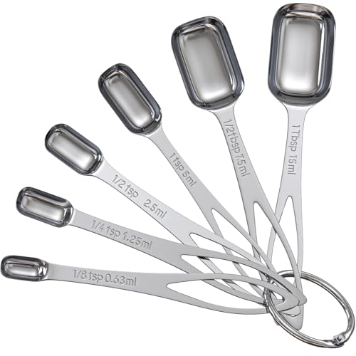 6PCS Narrow Measuring Spoons Set, Stainless Steel Measuring Spoon Fits in Spice Jars, Metal Teaspoon Measuring Spoons, Rectangular Tablespoon, Long Measuring Spoons for Dry & Liquid Ingredients