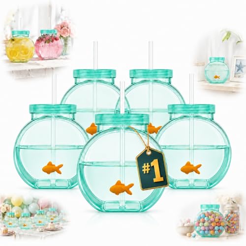 Fish Bowl Tumbler with Straw,Plastic Fish Bowl Cups with Lids and Straw Drinking Purse Bottles Glasses Fishing Decorations Tumblers Wimming Fun Gulp All Summer Big Capacity - color: 5PCS