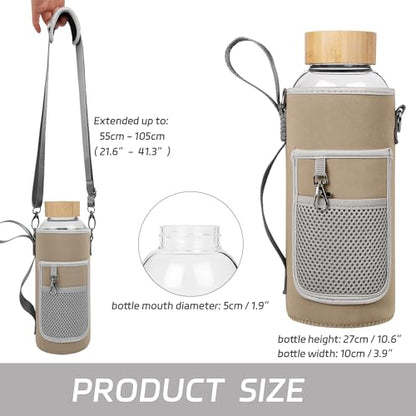 48 oz Sports Borosilicate Glass Water Bottle with Bamboo Lid with Neoprene Sleeve - color: Gold-x