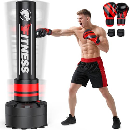 GIKPAL Freestanding Punching Bag for Adults, Heavy Boxing Bag with Stand - color: Red (Hand Wrap & Boxing Golves)