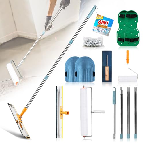 Upgraded Self-Levelling Cement Tool Kit - Floor Construction Roller Spike Shoes - Garage Flooring Concrete Tools with Adjustable Threaded Pole - Self-Leveling Rake - Spiked Roller