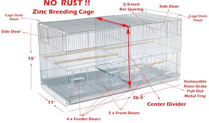 No Rust Stainless Galvanized Zinc Plated 4 of Stack and Lock Double Breeder Breeding Bird Flight Cage with Removable Divider and Breeder Doors 26.5" x 11" x 15"H