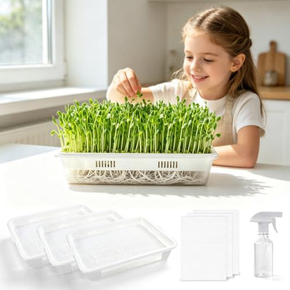 3 Pack Hard Acrylic Microgreens Growing Trays, Visual Soilless Sprouting Kit with Silicone Mats & Spray Bottle, Seed Germination Tray for Wheatgrass, Cat Grass & Vegetables