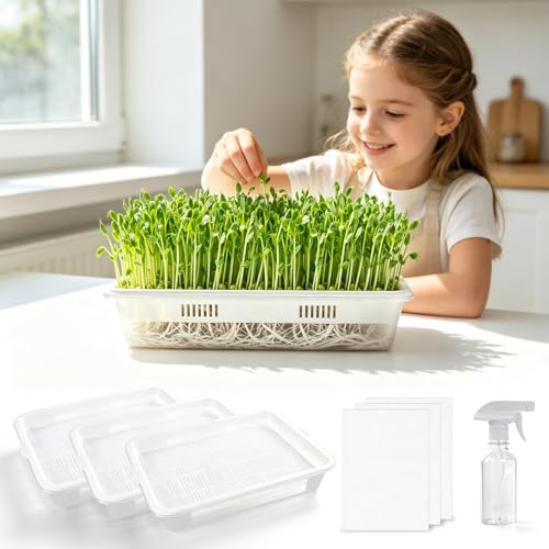 3 Pack Hard Acrylic Microgreens Growing Trays, Visual Soilless Sprouting Kit with Silicone Mats & Spray Bottle, Seed Germination Tray for Wheatgrass, Cat Grass & Vegetables