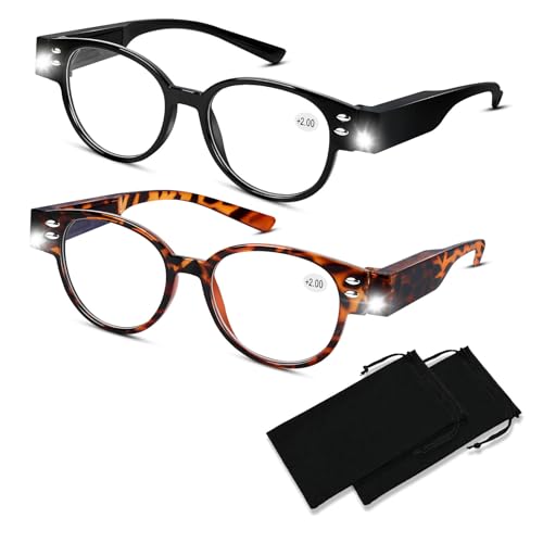 Bright LED Readers with Light Magnifying Glasses Blue Light Blocking Eyeglasses for Women Men Nighttime LED Reading Glasses+200