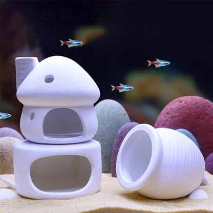 Aquarium Decorations Ceramic Mushroom House with Cave Set for Fish Tank Landscape to Small Shrimp/Goldfishes Hiding Rest and Breed (White)