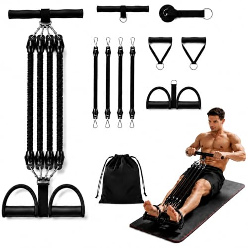 100LB Pedal Resistance Band with Handle, Portable Adjustable Tension Rope, Heavy Duty 4-Tube Full Body Exercise Equipment Set for Home Workout