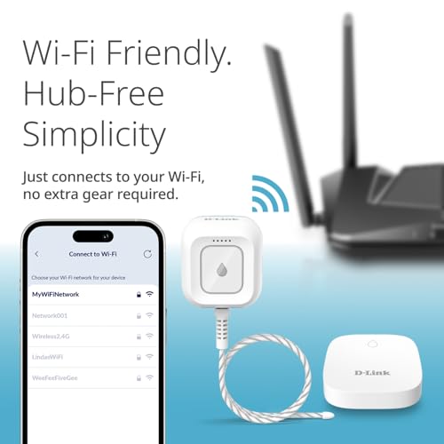 D-Link Next-Gen WiFi Water Leak Detector Starter Kit with 2 sensors—Loud 100 dB Sound Alarm—App Alert—LED Strobe Light—No Hub Required—Works with Google—1000ft Ultra-Long Range—Expandable (SW-A11KT)