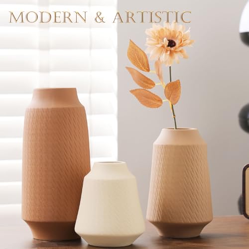 Ceramic Vase Set of 3 - Handcrafted Ceramic Vases for Home Decor & Shelf - Modern Farmhouse Decor for Kitchen, Office, Bedroom & Living Room Decorative Objects for Mantel, Table Centerpieces