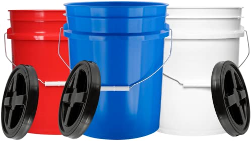 5 Gallon Food Grade BPA Free, Made in USA Pail Plastic Bucket with Screw On Air Tight Double Gasket lid, (Pack of 3)