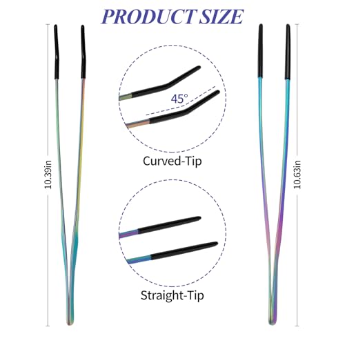 2PCS Reptile Feeding Tongs,10.6" Extra Long Stainless Steel Tweezers with Rubber Tips, Bearded Dragon Lizards Aquarium Straight and Curved Tweezers for Snake Feeding, Terrarium, Aquarium(Colorful)