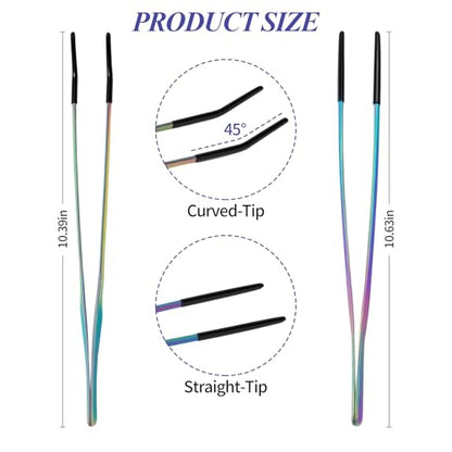 2PCS Reptile Feeding Tongs,10.6" Extra Long Stainless Steel Tweezers with Rubber Tips, Bearded Dragon Lizards Aquarium Straight and Curved Tweezers for Snake Feeding, Terrarium, Aquarium(Colorful)