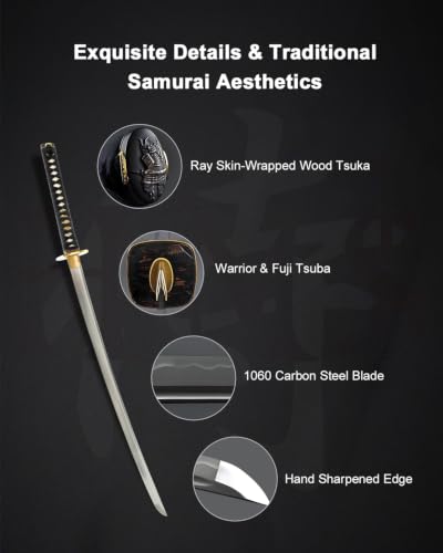 Katana Samurai Sword for Display, Hand Forged Full Tang 1045 Carbon Steel - style: Warrior & Fuji