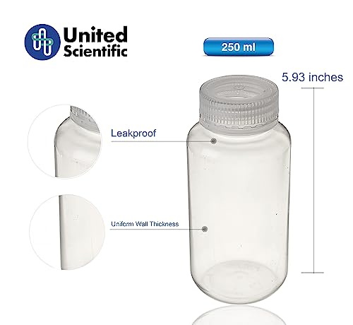 United Scientific® Unistore™ - Sample Containers with Lids - Laboratory Grade Polypropylene Wide Mouth Reagent Bottle - 8 Oz Bottles with Caps (250ml), Plastic Bottles with Lids, Pack of 12 - size: 8 oz (Pack of 12)