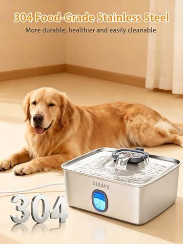 4Gal/15L Large Dog Water Fountain, Stainless Steel Pet Fountain with Water Window & LED Light, Ultra Quiet Automatic Dog Water Bowl Dispenser for Large Dogs & Multi-pet, Easy to Clean FS76