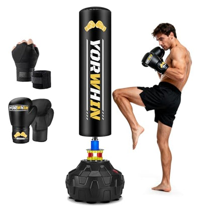 Standing Heavy Boxing Bag for Adult, Freestanding Punching Bag with 12OZ Pro Boxing Gloves and Wrapped Gloves, Boxing Bag with Suction Cup Base, Men Stand Kickboxing Bag for Home Office Gym Training