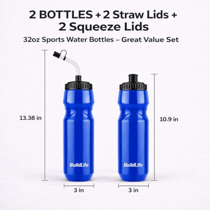 Hockey Water Bottle with Long Straw - 32 OZ Squeeze Sports Water Bottles 2 Pack with 2 Lids Each(Straw and Squeeze),Lacrosse Water Bottle for Helmet Hockey,Football,Boxing,BPA Free,Dishwash Safe(Blue) - color: Blue