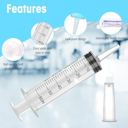 60ml Syringes without Needle for Liquid, Large Plastic Syringe with Adapter and cap for Pet Feeding, Plant Irrigation, Scientific Labs, Measuring Liquids, Individually Wrapped, 4 Pack