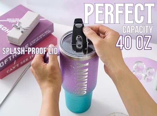 Onebttl Christian Grandma Gifts for Mother's Day & Christmas, 40oz Purple & Blue Glitter Handle Stainless Steel Tumbler, Straw & Lid Included, Blessed Granny Gifts