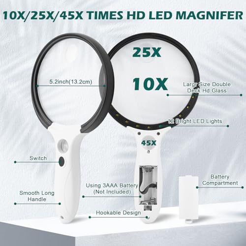 Large Magnifying Glass with Light, 10X 25X 45X Handheld Illuminated Magnifier with 3 Light Modes, 12 LED Lights, Storage Bag, Clean Cloth for Seniors Reading Coins Inspection (Black)