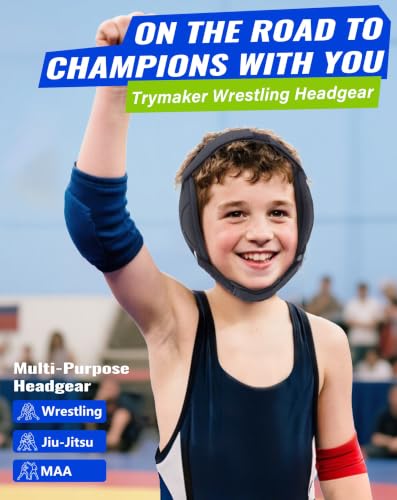 Trymaker Wrestling Headgear, Head Gear for Youth with Chin Cup & Pad - color: Black Headgear & Black Strap