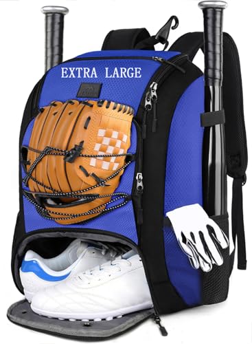 MATEIN Youth Baseball Backpack, Softball Bat Bag with Shoes Compartment | Lightweight Baseball Bag for Boys and Adult, Fence Hook Hold TBall Bat, Batting Mitten, Helmet, Caps, Teeball Gear Equipment - color: Blue, size: 47L