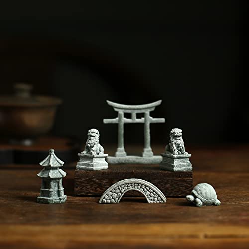6 PCS Mini Zen Garden Accessories, Miniature Garden Bridge Foo Dogs Torii Gate Sandstone Figurines Meditation Zen Decor Japanese Fish Tank Terrarium Bonsai Decorations (Art Deco)