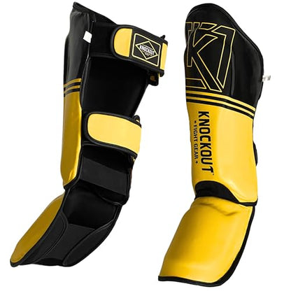 Muay Thai Shin Guards MMA Martial Arts -Padded, Adjustable Leg Guards with Instep Protection for Training and Sparring Gear Kickboxing Equipment – Durable, Professional - color: Black/Yellow, size: Large-X-Large