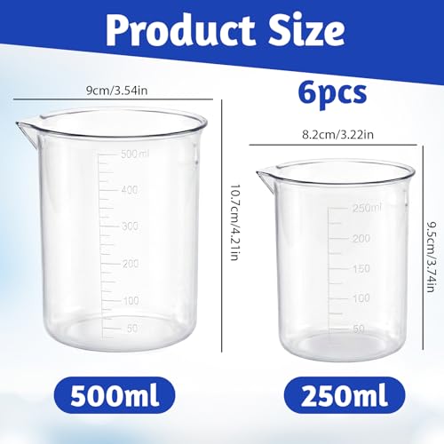 Plastic Beaker Set, 6 Sizes Low Form Measuring Graduated Polypropylene Beakers in 500 ml, 250 ml, 200 ml, 100 ml, 50 ml, 25 ml for Laboratories, Classrooms or Home Use with 6 Plastic Droppers in 3 ml