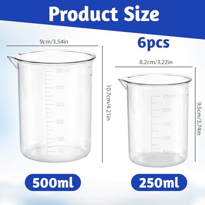 Plastic Beaker Set, 6 Sizes Low Form Measuring Graduated Polypropylene Beakers in 500 ml, 250 ml, 200 ml, 100 ml, 50 ml, 25 ml for Laboratories, Classrooms or Home Use with 6 Plastic Droppers in 3 ml