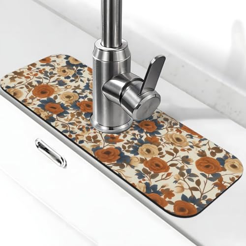 Faucet Draining Mat For Kitchen Sink, Peony Flower Blue Leaves Diatom Mud Absorbent Drain Pad For Bathroom Kitchen Sink Splash Guard Drying Mat - color: Peony Flower Blue Leaves