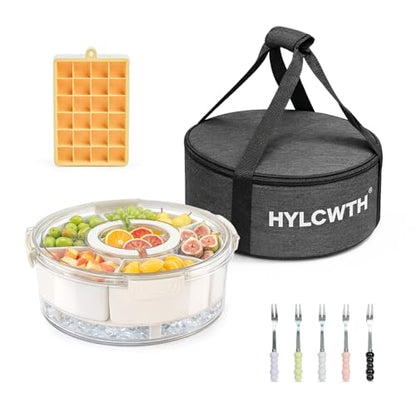 Divided Serving Tray with Lid and Handle, Rounded Snackle Box with 6 Compartments and Chill Base for Fruits, Candy, Veggie, Travel Snack Container with Portable Insulated Bag & Ice Cube Tray & 5 Forks - size: Snackle Box-6