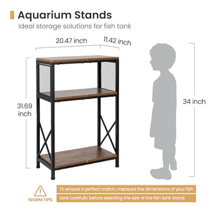 Fish Tank Stand, 10 Gallon Aquarium Stand, 3-Tier Metal Storage Shelf, 20.47"×11.42"×31.69" Heavy Duty Terrarium Stand for Home Office Fish Tank Shelf, Rustic Brown - color: Rustic Brown