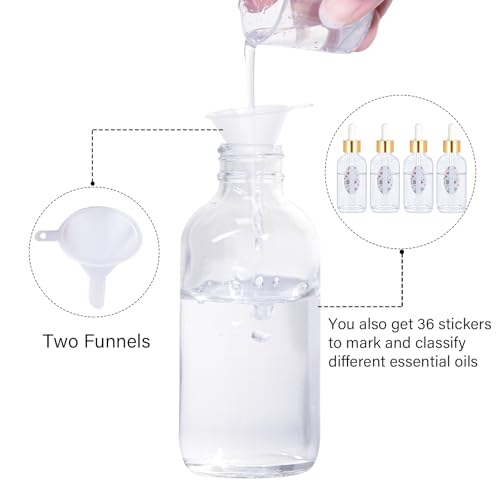 24 Pack 4oz Clear Glass Bottles with Golden Top Eye Droppers for Essential Oils, Perfumes & Lab Chemicals (Brushes, Funnels, Extra Droppers, Labels & Measuring Cup Included) - color: Gold