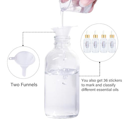 24 Pack 4oz Clear Glass Bottles with Golden Top Eye Droppers for Essential Oils, Perfumes & Lab Chemicals (Brushes, Funnels, Extra Droppers, Labels & Measuring Cup Included) - color: Gold