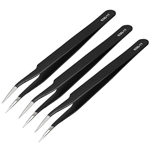 uxcell ESD-17 Tweezers, Anti-Static Stainless Steel Non-magnetic Curved Tip for Craft Jewelry Electronics, 4.8" Overall Length 3 Pcs