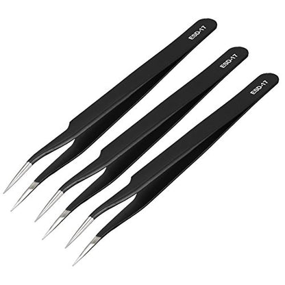 uxcell ESD-17 Tweezers, Anti-Static Stainless Steel Non-magnetic Curved Tip for Craft Jewelry Electronics, 4.8" Overall Length 3 Pcs