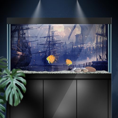 Aquarium Background Stickers - Port Sailboat City - Fish Tank Reptile Terrarium Decor Poster (45 x 30 cm / (17.7 x 11.8 inches))
