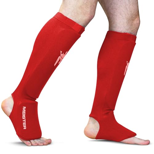Meister MMA Elastic Cloth Shin & Instep Padded Guards (Pair) - color: Red, size: Small-Medium