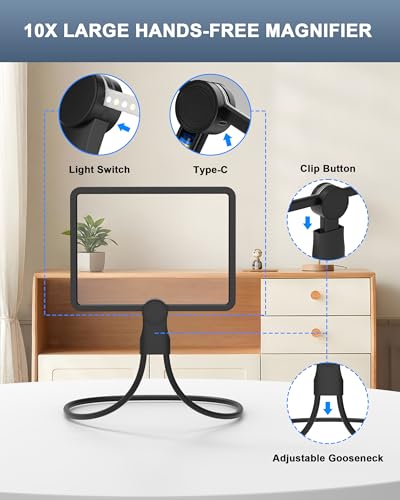 Neck Magnifying Glass with Light Hands Free,10X Large Lighted Magnifying Glass with 3 Modes,Full Book Page Magnifiers Flexible Gooseneck Magnifier for Close Work Reading Sewing Senior with Aging Eyes