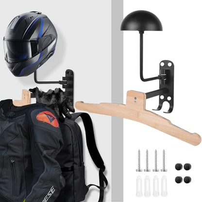 Kikerike Metal Bike Helmet Rack Wall Mount - 180 Degree Rotation, Stand with Wood Hanger & 2 Hooks for Motorcycle, Bike, Baseball, Rugby Helmets - 1 Pack - color: Black(1PCS with Hanger)